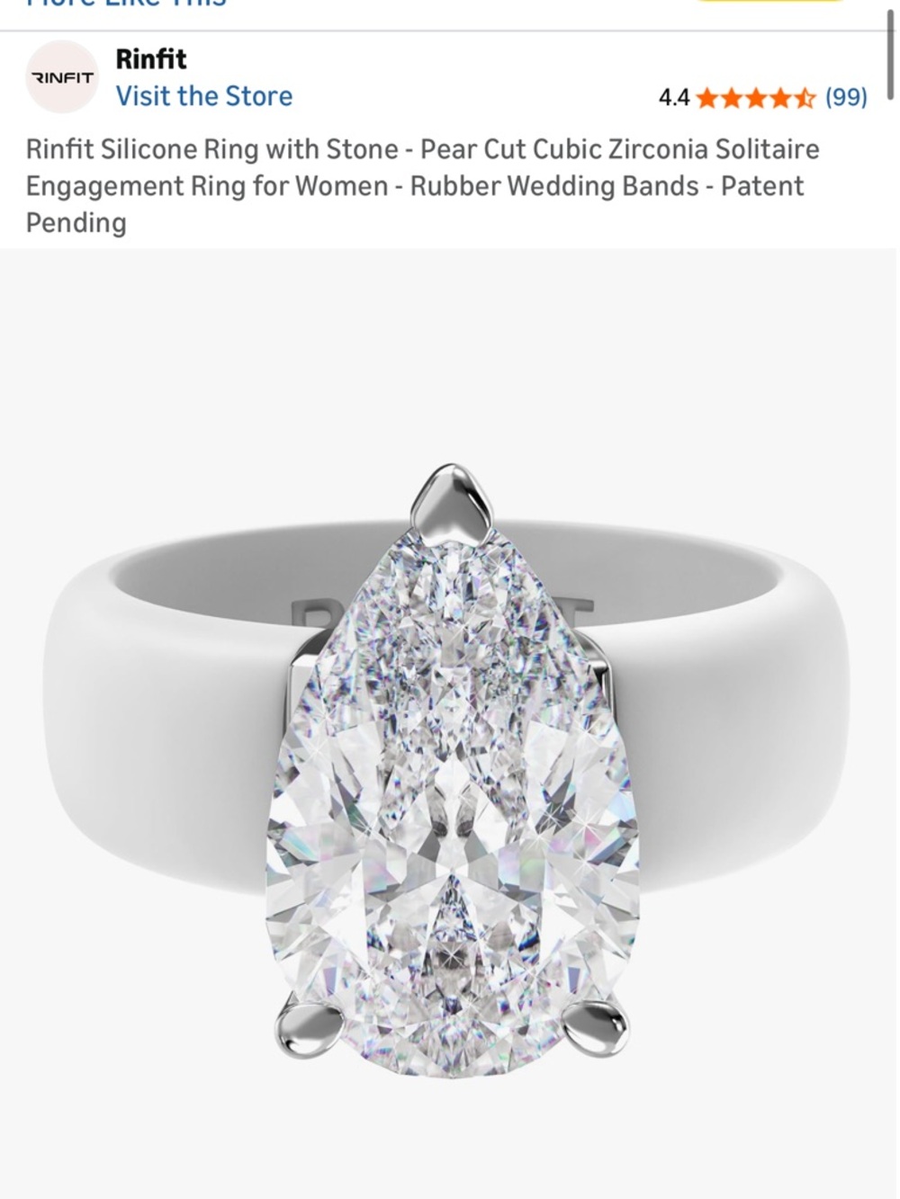 White Silicone Ring with Pear-Cut Cubic Zirconia Solitaire Size 5